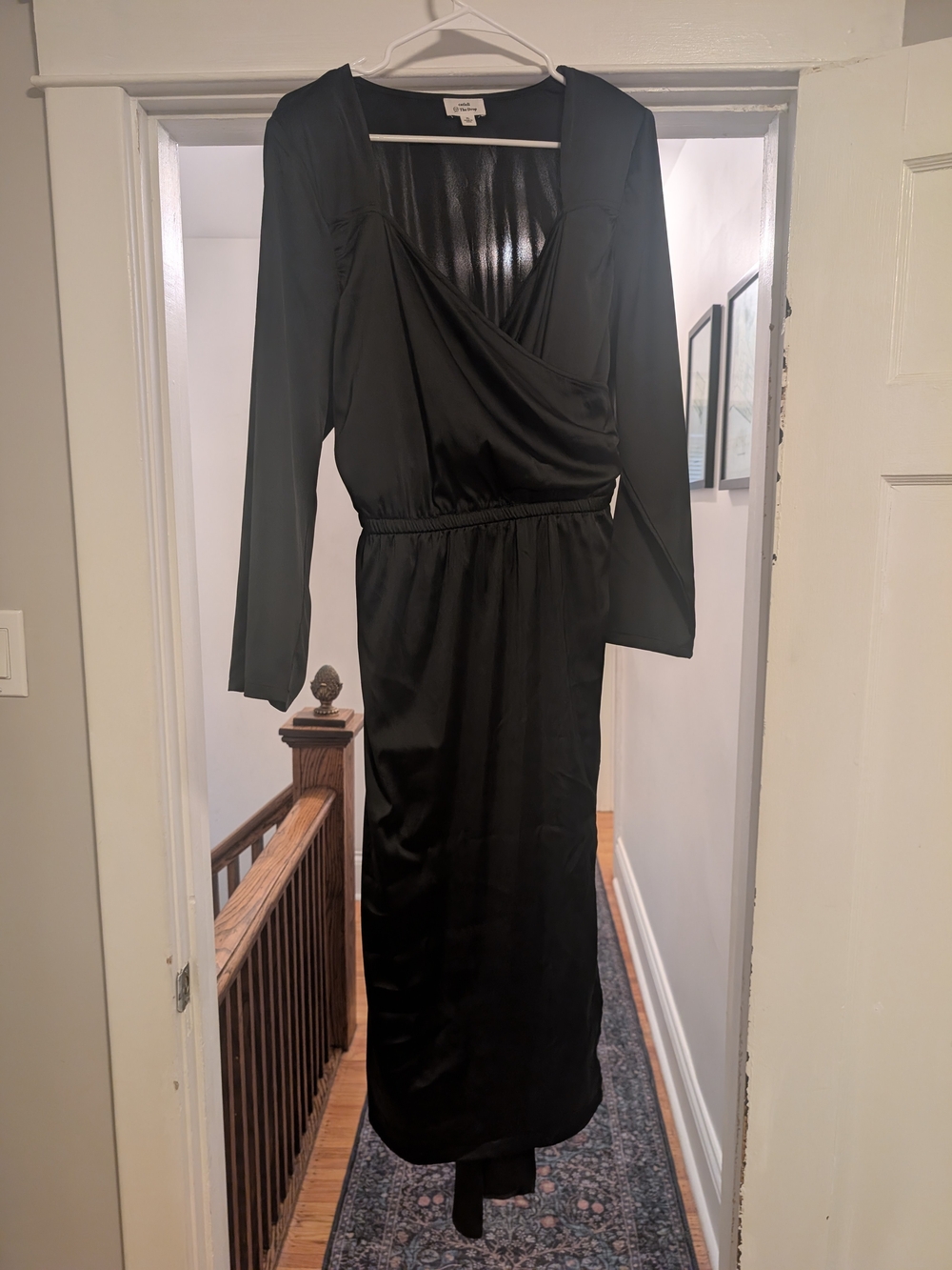 Black Long-Sleeve Wrap-Front Midi Dress